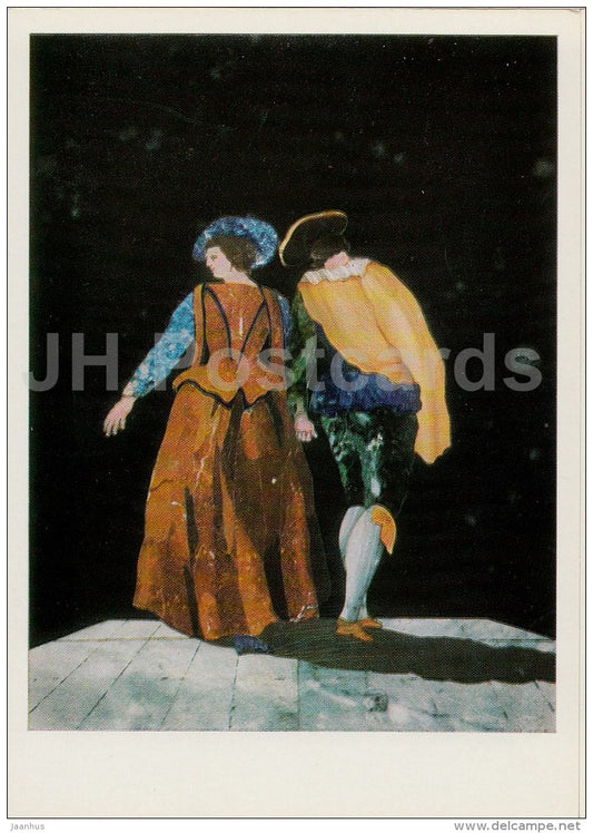Plaque , A Strolling Couple - Florentine Mosaic - Italian art - 1974 - Russia USSR - unused - JH Postcards