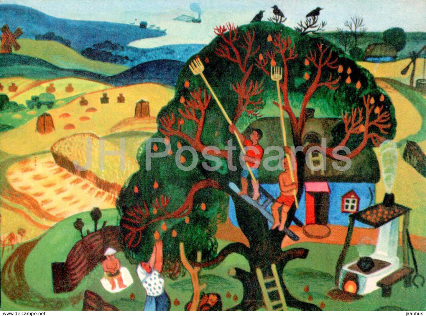 Painting by D. Bekaryan - Seasons - August month - Harvesting - Armenian art - 1970 - Russia USSR - unused