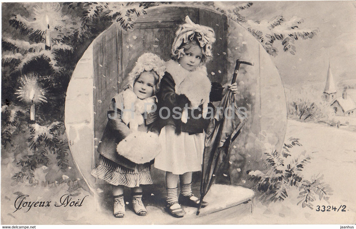 Christmas Greeting Card - Joyeux Noel - children - girls - 3324/2 - old postcard - 1907 - France - used - JH Postcards