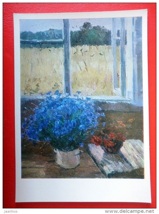 painting by V. Gavrilov . The Last Cornflowers , 1970 - children - russian art  - unused - JH Postcards
