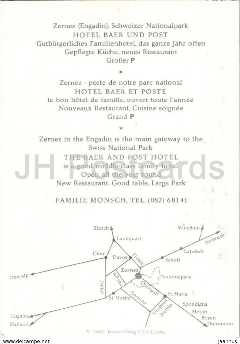 Zernes - Engadin - Hotel Baer und Post - Switzerland - unused