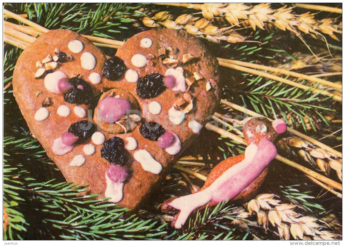 New Year Greeting card - 2 - gingerbread - 1977 - Estonia USSR - used - JH Postcards