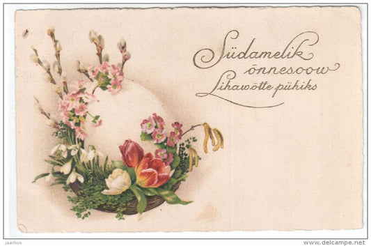 Easter greeting card - flowers - tulips - old postcard - circulated in Estonia 1924 , Tallinn - used - JH Postcards