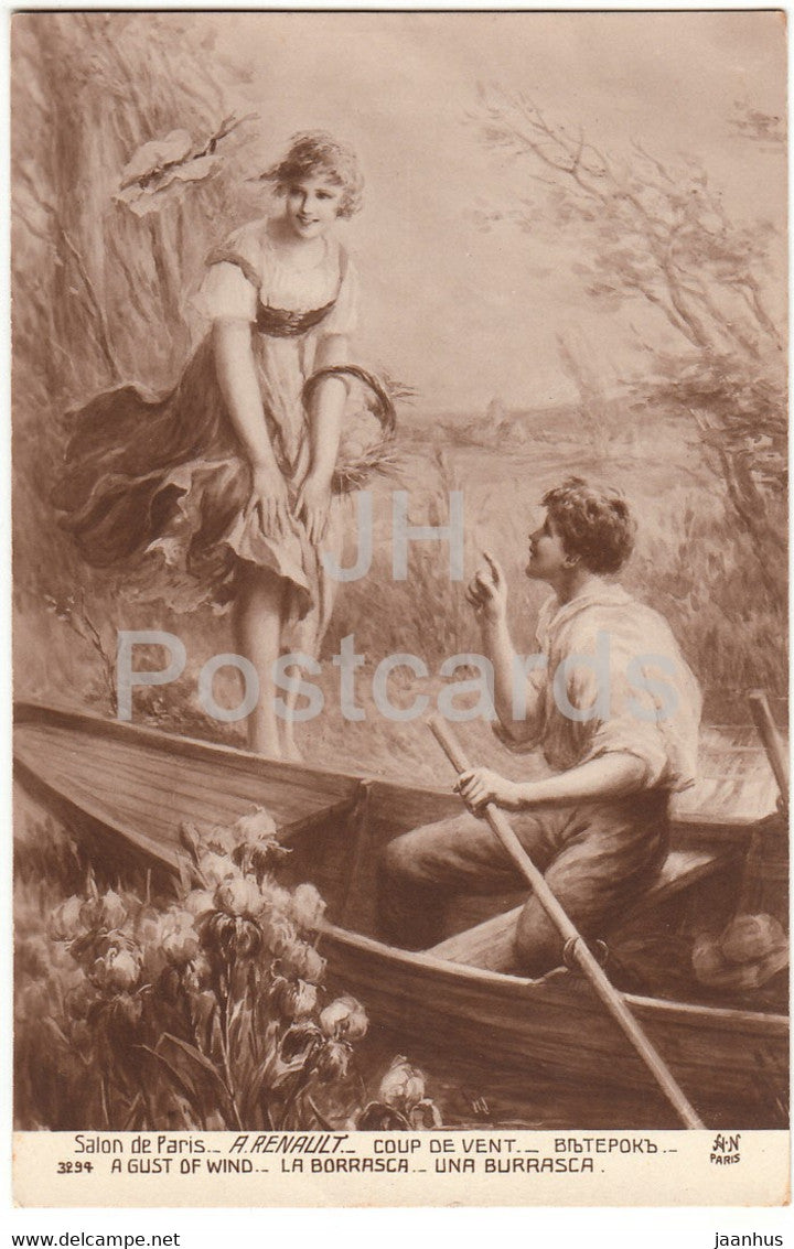 painting by A. Renault - Coup de Vent - A Gust of Wind - couple - AN Paris 3294 - art - old postcard - France - used - JH Postcards