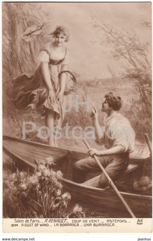 painting by A. Renault - Coup de Vent - A Gust of Wind - couple - AN Paris 3294 - art - old postcard - France - used - JH Postcards