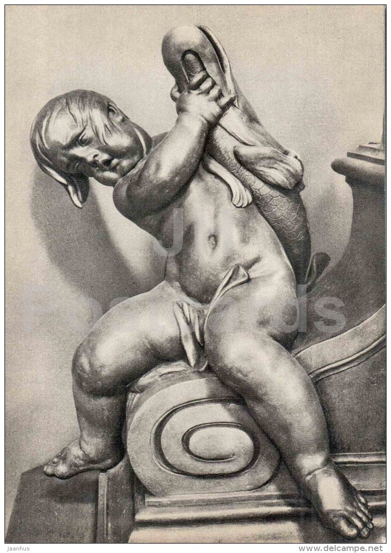 sculpture by George Donner - Putti with fish , fountain detail in Vienna , 1737-39 - austrian art - unused - JH Postcards