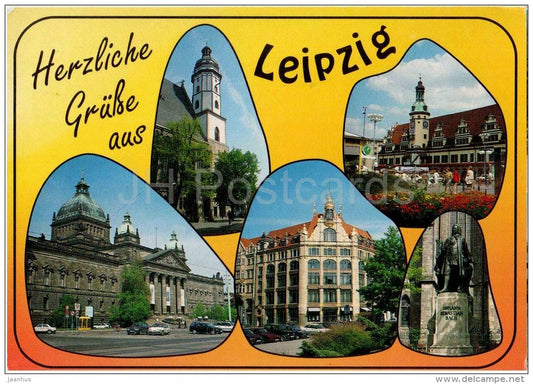 Herzliche Grüsse aus Leipzig - Thomaskirche - Altes Rathaus - Bachdenkmal - church - monument to Bach - 1997 gelaufen - JH Postcards