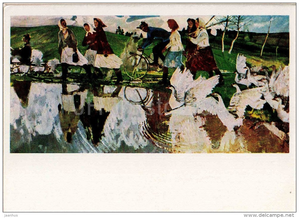painting by V. Zagonek - Morning , 1958-60 - bicycle - goose - russian art - unused - JH Postcards