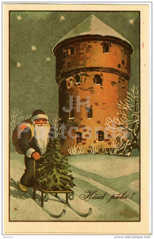 Christmas Greeting Card - Santa Claus - sledge - christmas tree - REPRODUCTION ! - 1988 - Estonia USSR - unused - JH Postcards