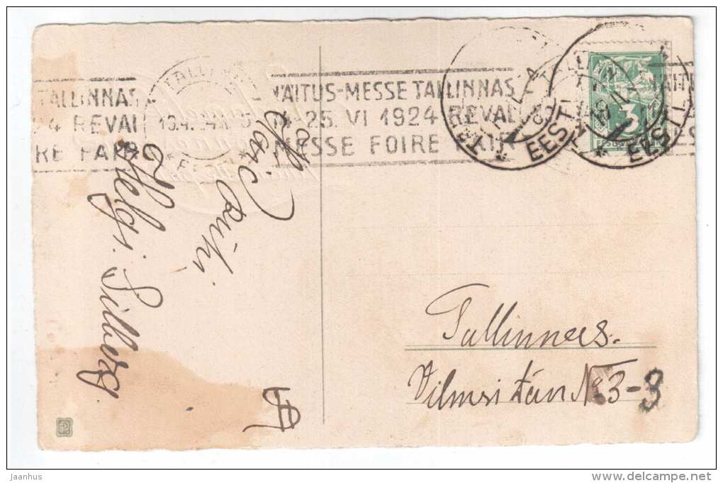 Easter greeting card - flowers - tulips - old postcard - circulated in Estonia 1924 , Tallinn - used - JH Postcards