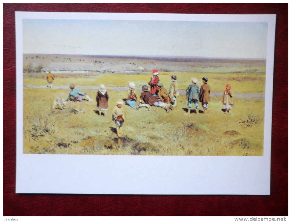 painting by Alexei Stepanov, The Cranes are flying , 1891 - children - russian art - unused - JH Postcards