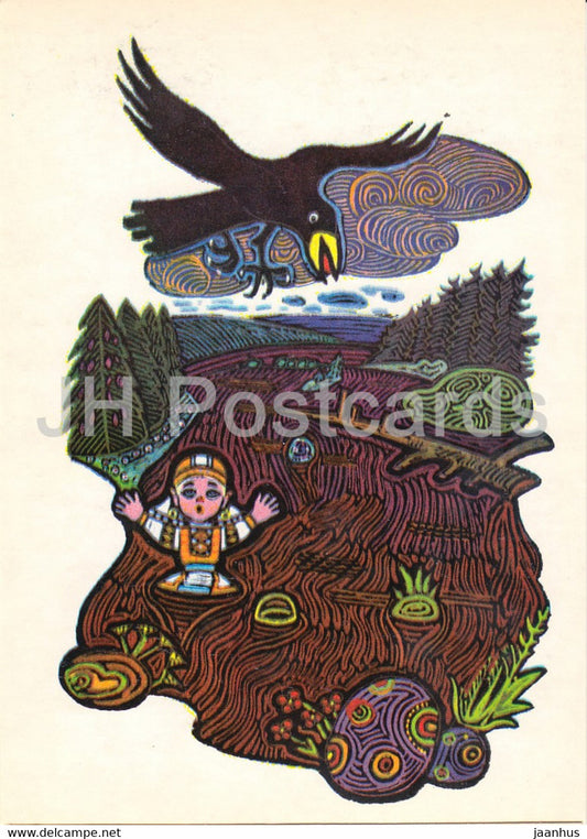 illustration by V. Ignatov - Girl with a spindle - crow - girl - Komi fairy tale - 1977 - Russia USSR - unused - JH Postcards