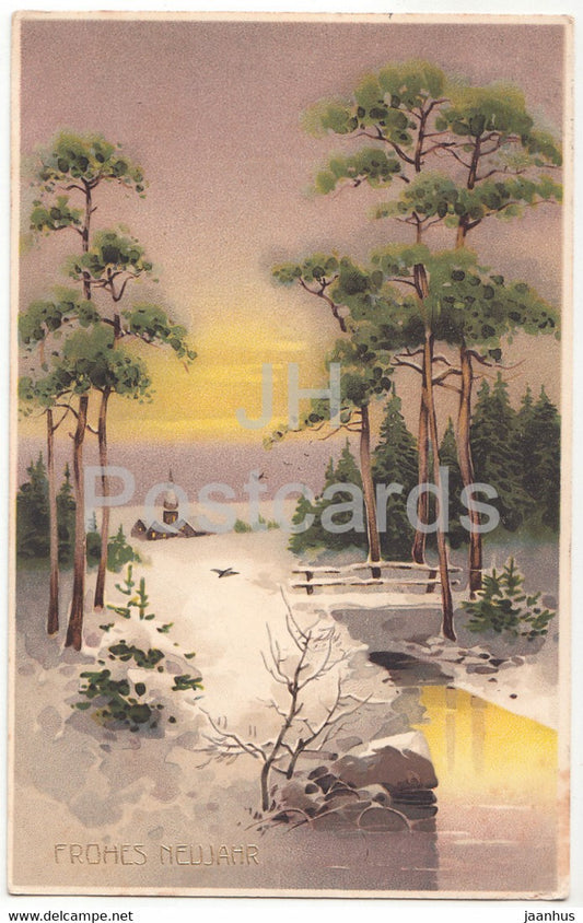 New Year Greeting Card - Frohes Neujahr - winter forest - PP - old postcard - 1913 - Germany - used - JH Postcards