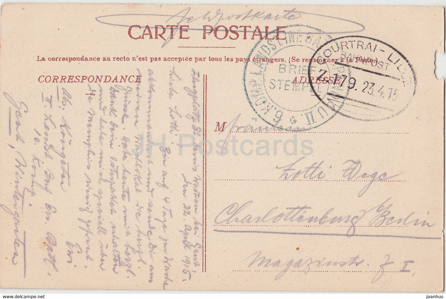 St Denis Westrem – La Gare – Bahnhof – Courtrai-Lille – Feldpost – alte Postkarte – 1915 – Belgien – gebraucht