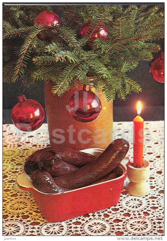 New Year Greeting card - 1 - candle - decorations - blood pudding - 1982 - Estonia USSR - used - JH Postcards
