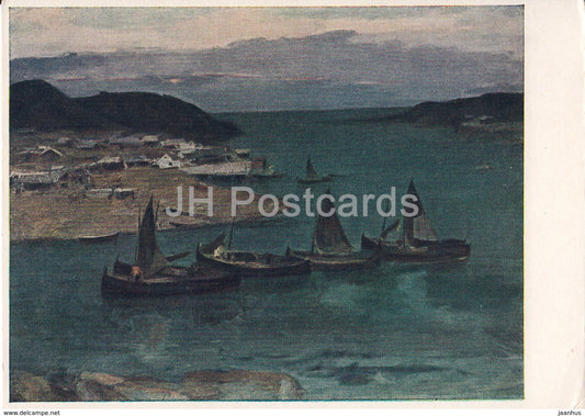 painting by V. Kraynev - Fishing Camp - ship - Murmansk Oblast - Russian art - 1956 - Russia USSR - unused - JH Postcards