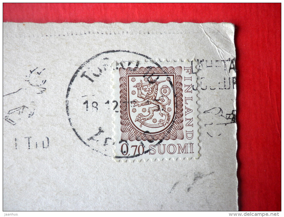 Christmas Greeting Card - snowman - children - mushrooms - Toadstool - Finland - sent from Finland Turku to Estonia 1975 - JH Postcards