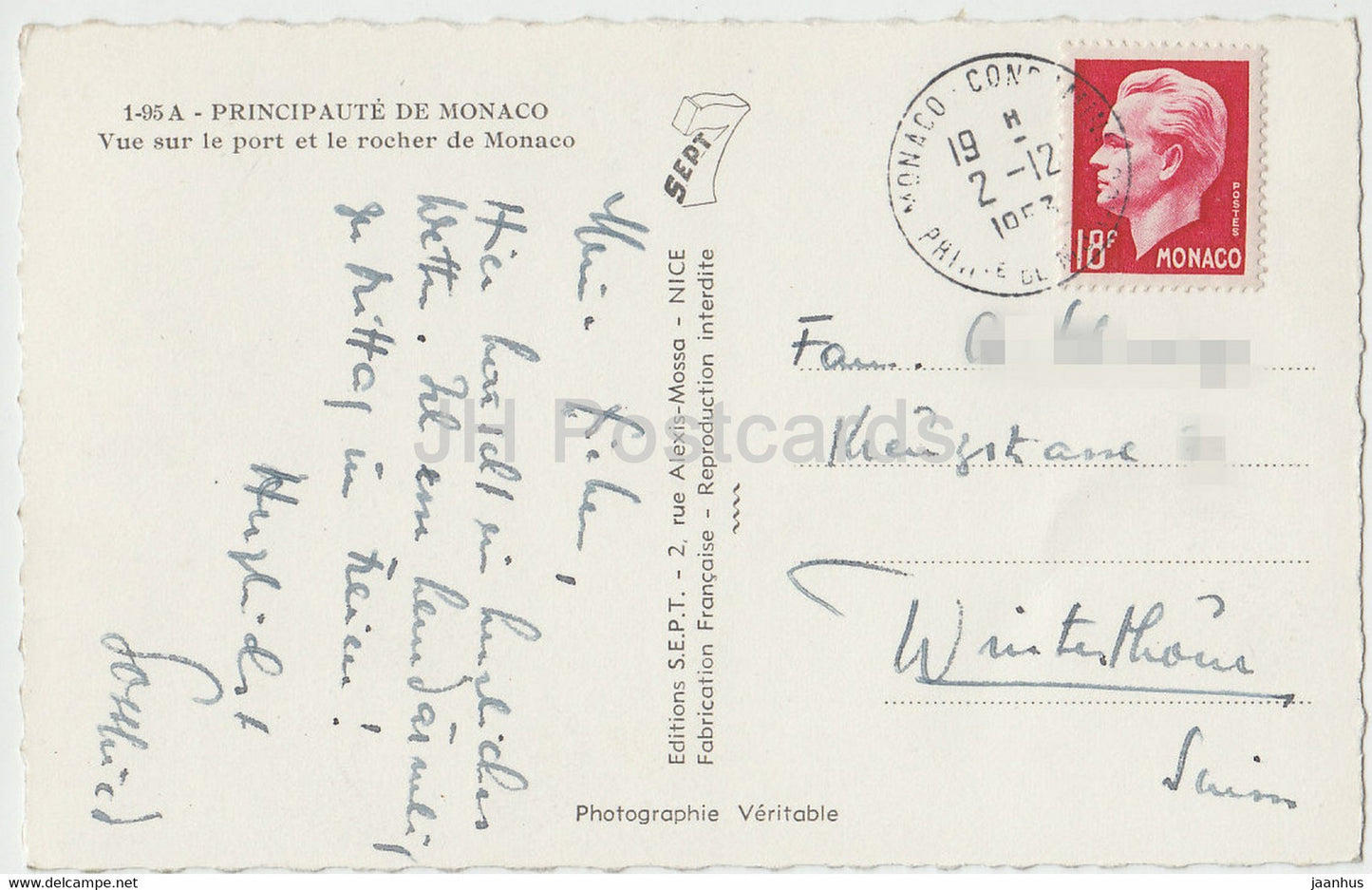 Vue sur le port et le rocher de Monaco – alte Postkarte – 1953 – Monaco – gebraucht