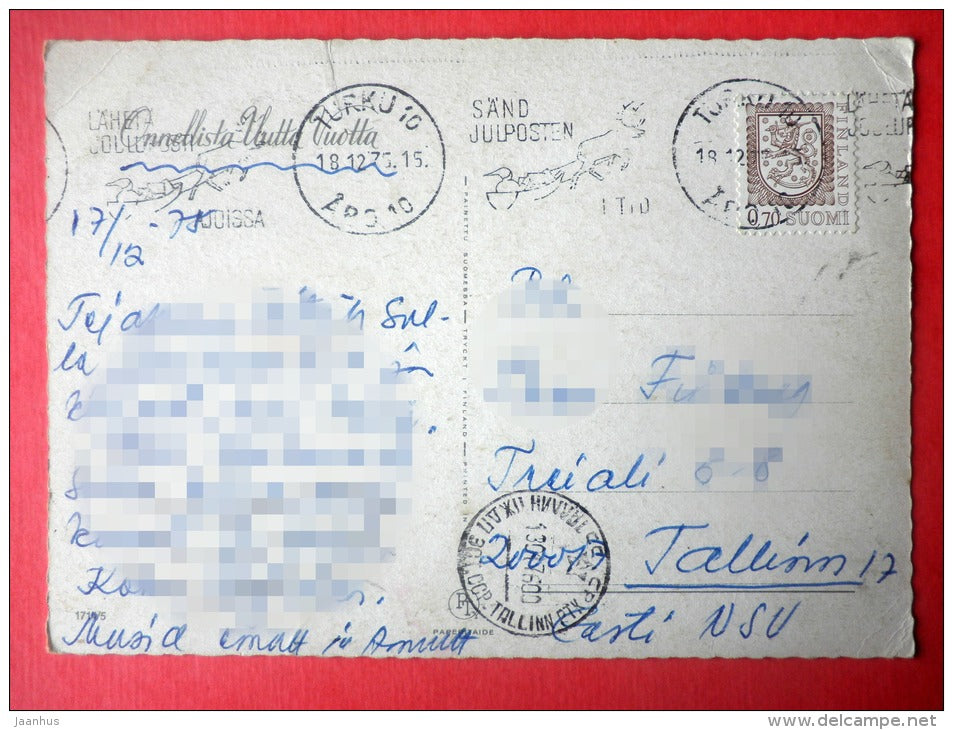 Christmas Greeting Card - snowman - children - mushrooms - Toadstool - Finland - sent from Finland Turku to Estonia 1975 - JH Postcards