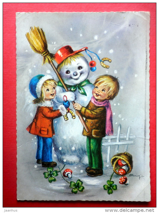 Christmas Greeting Card - snowman - children - mushrooms - Toadstool - Finland - sent from Finland Turku to Estonia 1975 - JH Postcards