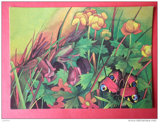 Greeting Card - by R. Lukk - butterfly - globe flower - 1985 - Estonia USSR - unused - JH Postcards