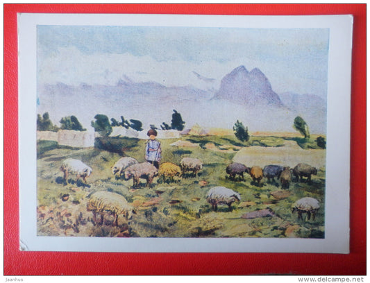painting by Bahruz Kangarli . Shepherd with Flock - sheep - azerbaijan art - unused - JH Postcards