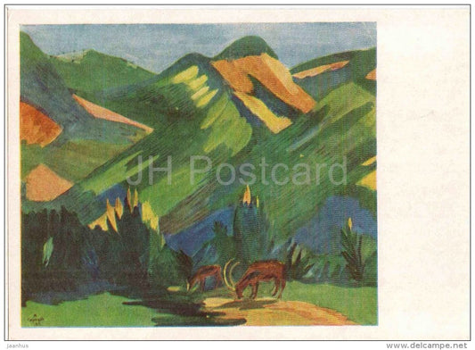 painting by M. Saryan - Morning . Green Mountains , 1912 - deer - armenian art - unused - JH Postcards