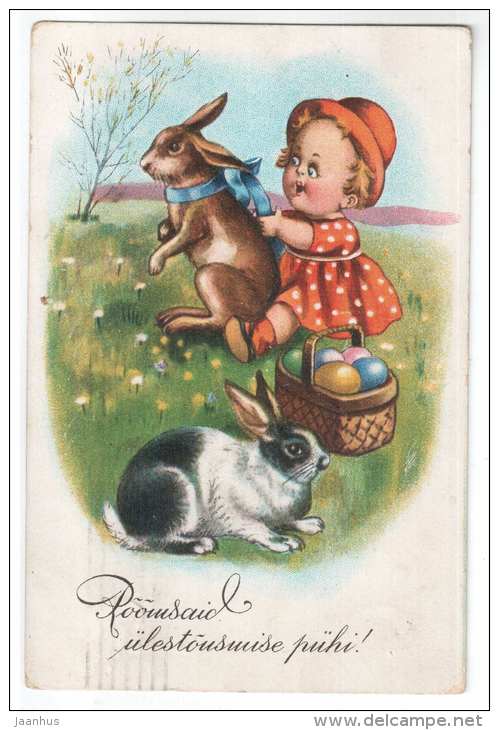 Easter greeting card - hare - eggs - girl - old postcard - circulated in Estonia 1936 , Tallinn - used - JH Postcards