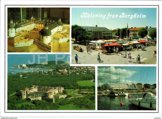 Halsning fran Borgholm - Oland - market - port - castle model - multiview - 1993 - Sweden - used - JH Postcards