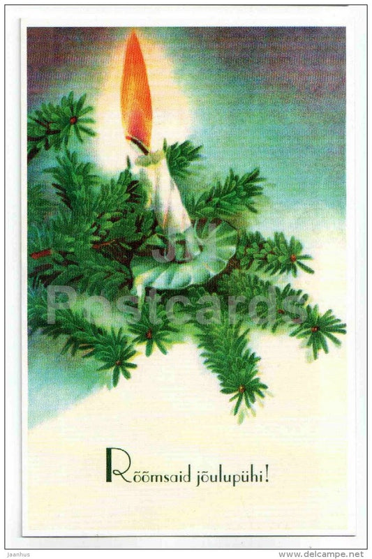 Christmas Greeting Card - candle - fir - old postcard reproduction - Estonia - unused - JH Postcards