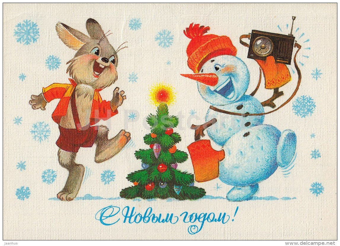 New Year Greeting Card by V. Zarubin - hare - snowman - radio - postal stationery - 1986 - Russia USSR - used - JH Postcards
