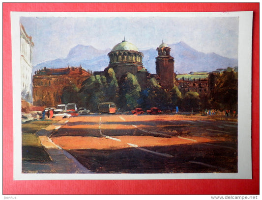 illustration by G. Manizer - Lenin Square - Sofia - Bulgaria - tram - 1985 - Russia USSR - unused - JH Postcards