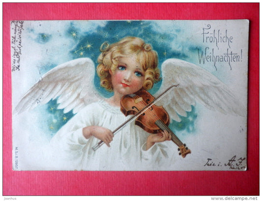 christmas greeting card - angel - violin - M.S.i.B. 12957 - circulated in Imperial Russia Estonia 1900s - JH Postcards