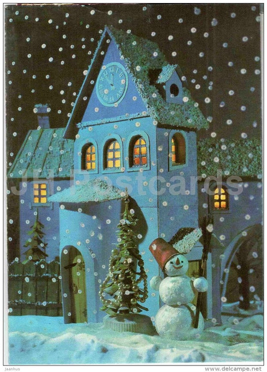 New Year greeting card by N. Poklada - snowman - house - 1987 - Russia USSR - used - JH Postcards