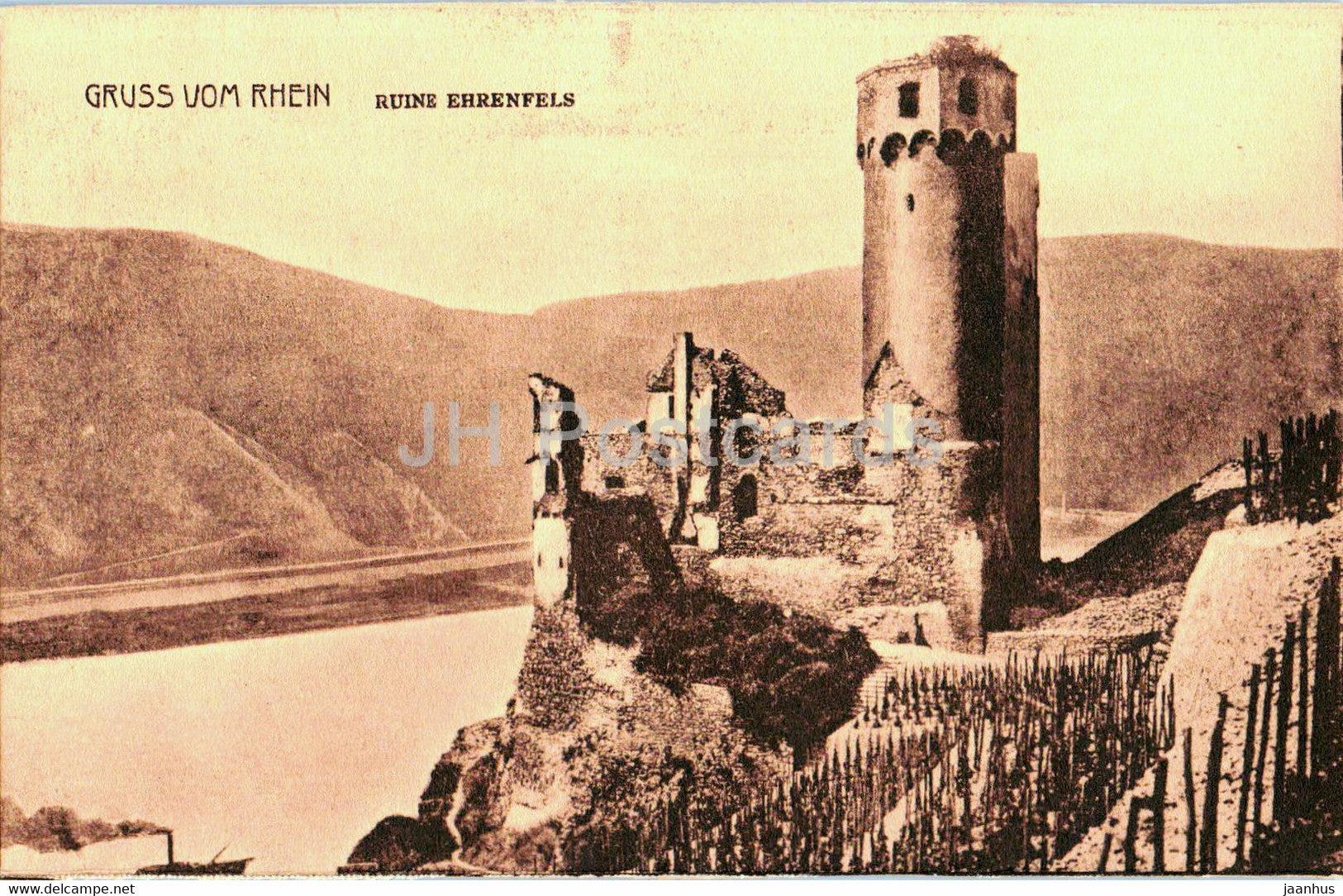 Gruss vom Rhein - Ruine Ehrenfels - old postcard - Germany - unused - JH Postcards