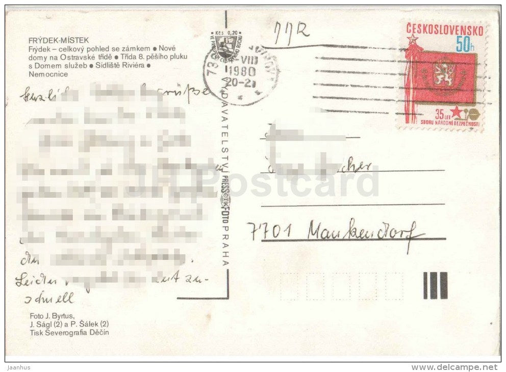 Frydek Mistek - new houses - housing estate Riviera - hospital - Czechoslovakia - Czech - used 1980 - JH Postcards