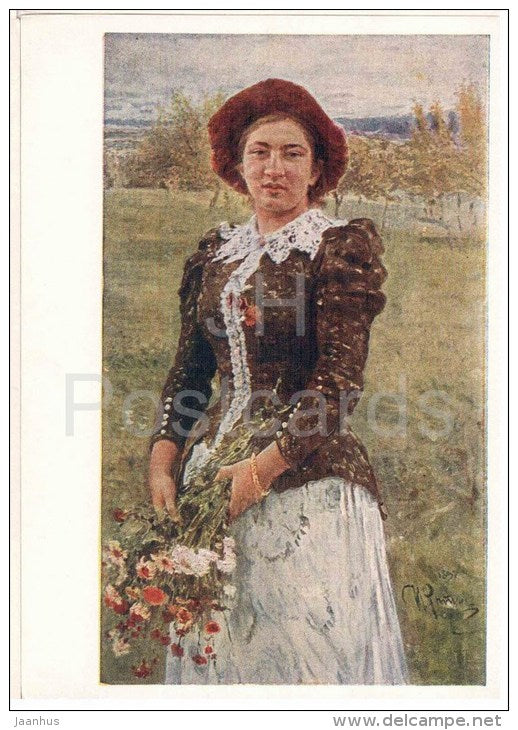 painting by I. Repin - Autumn Flowers - woman - State Tretyakov Gallery - russian art - unused - JH Postcards
