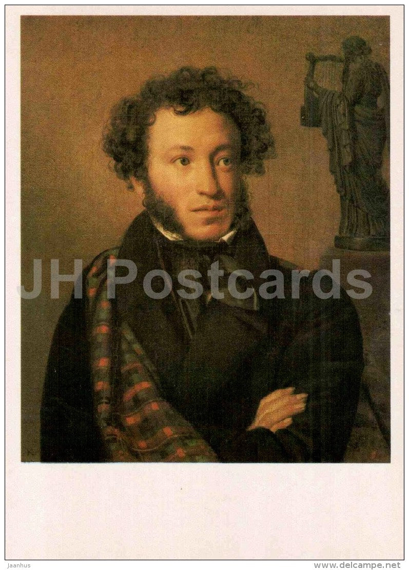 painting by O. Kiprensky - Russian poet Pushkin , 1827 - Russian art - unused - JH Postcards
