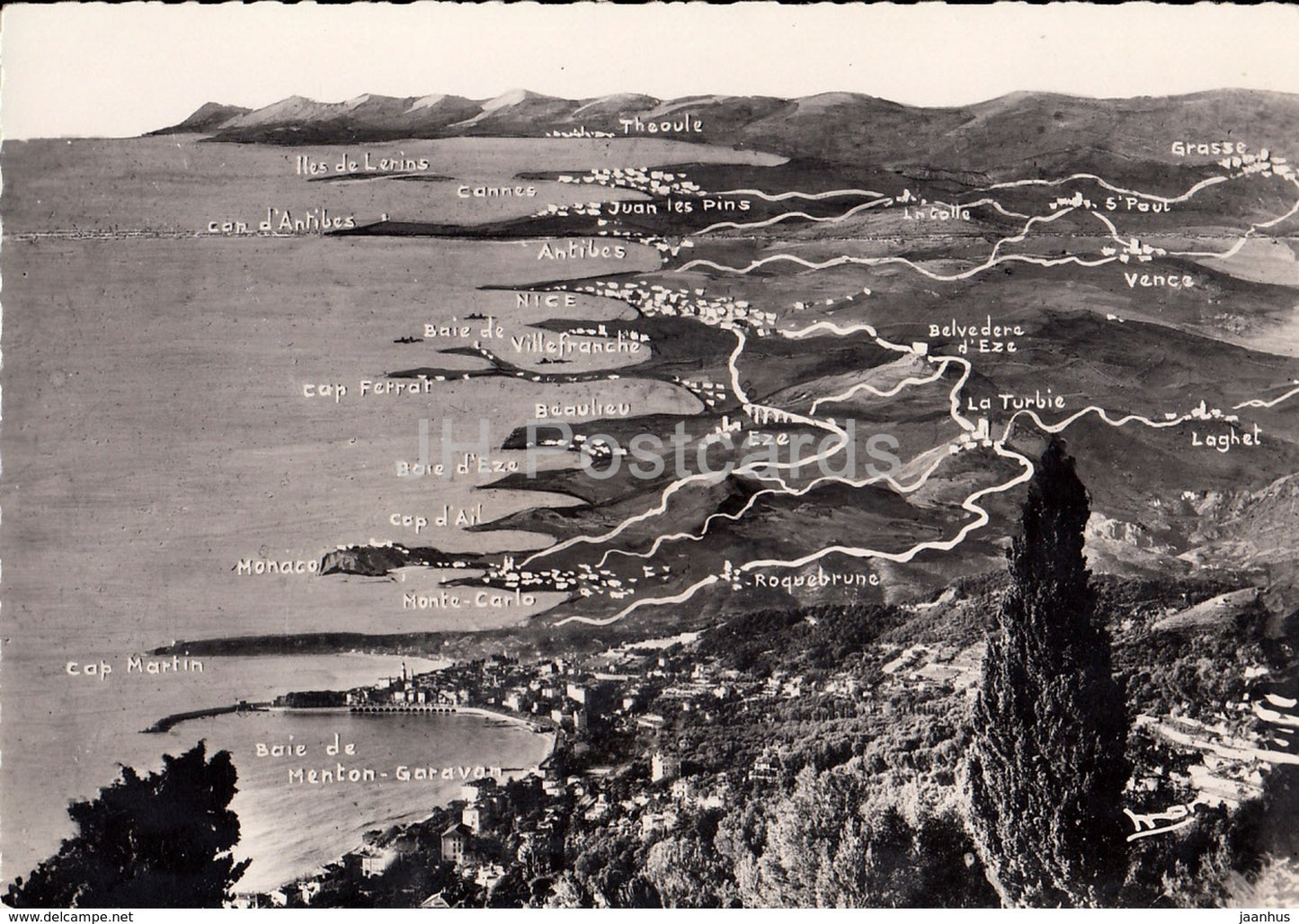 De Menton a Cannes a vol d'oiseau - La Cote d'Azur - 890- France - 1958 - unused - JH Postcards