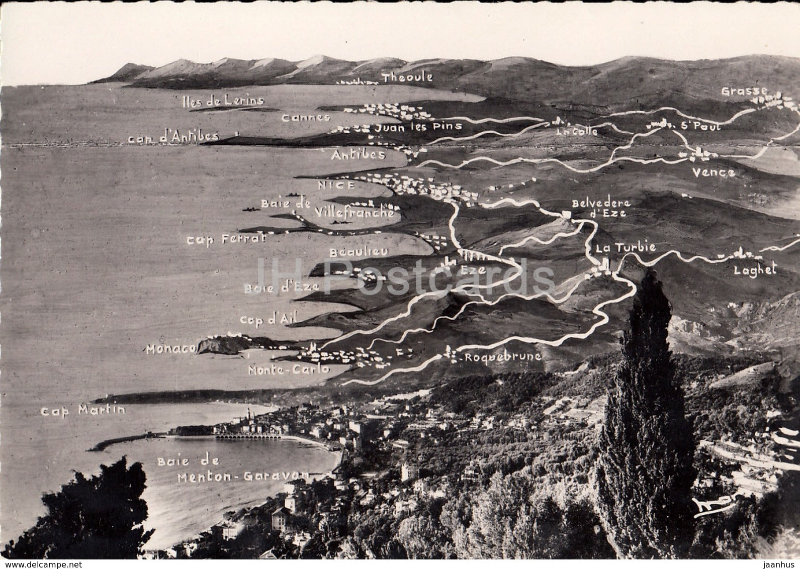 De Menton a Cannes a vol d'oiseau - La Cote d'Azur - 890- France - 1958 - unused - JH Postcards