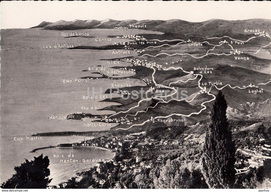 De Menton a Cannes a vol d'oiseau - La Cote d'Azur - 890- France - 1958 - unused - JH Postcards