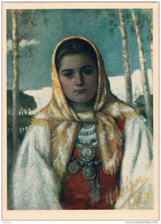 painting by A. Laikmaa - Läänemaa Girl - folk costumes - Estonian Art - 1958 - Russia USSR - unused - JH Postcards