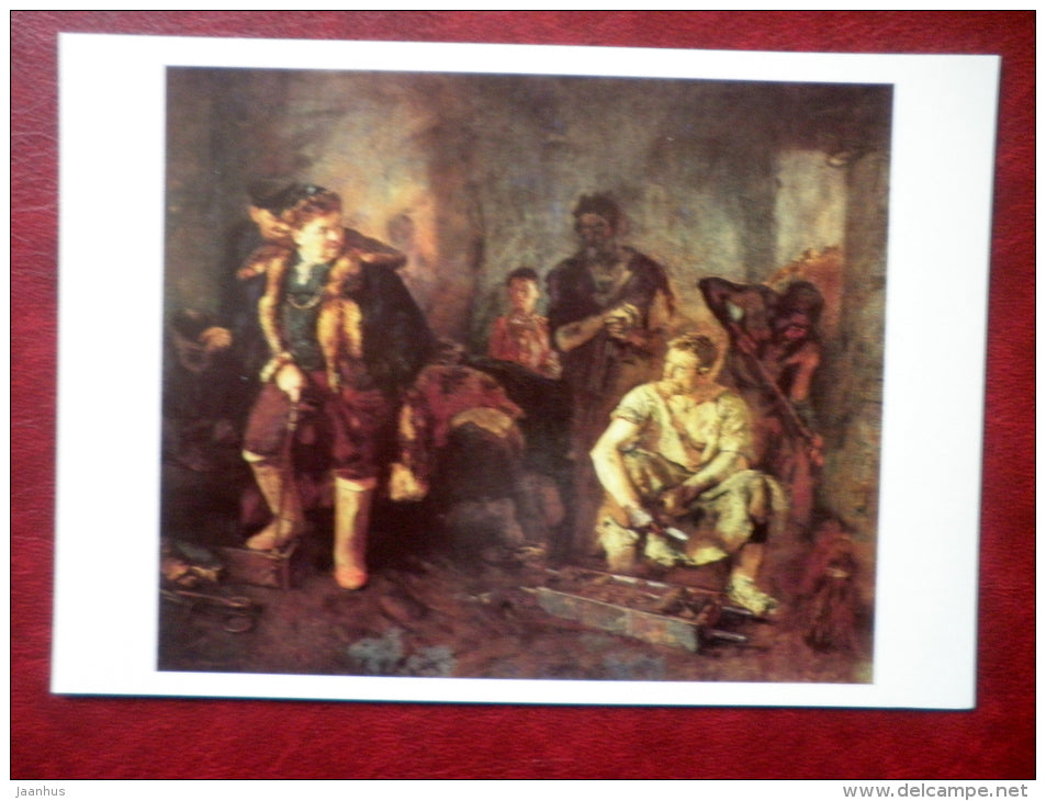 painting by Boris Johanson , The old Ural plant , 1937 - workers - russian art - unused - JH Postcards