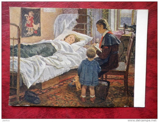Painting by A. F. Burak - by a sick friend - pioneer - children - russian art - unused - JH Postcards