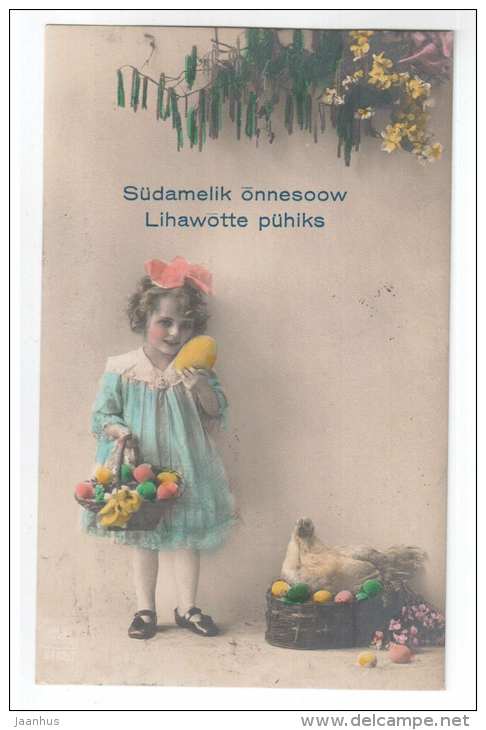 Easter greeting card - hen - eggs - girl - old postcard - circulated in Estonia 1924 , Lihula - used - JH Postcards