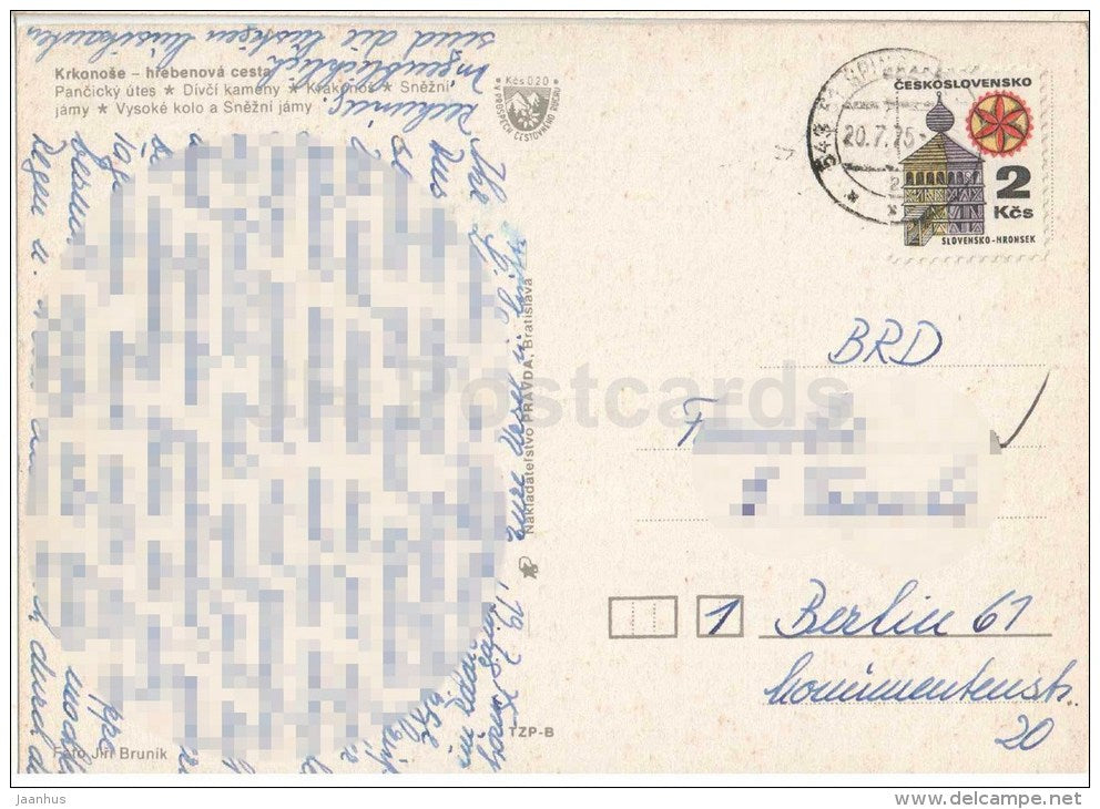 Krkonose - Hrebenova Cesta - ridge path - Czechoslovakia - Czech - used 1975 - JH Postcards