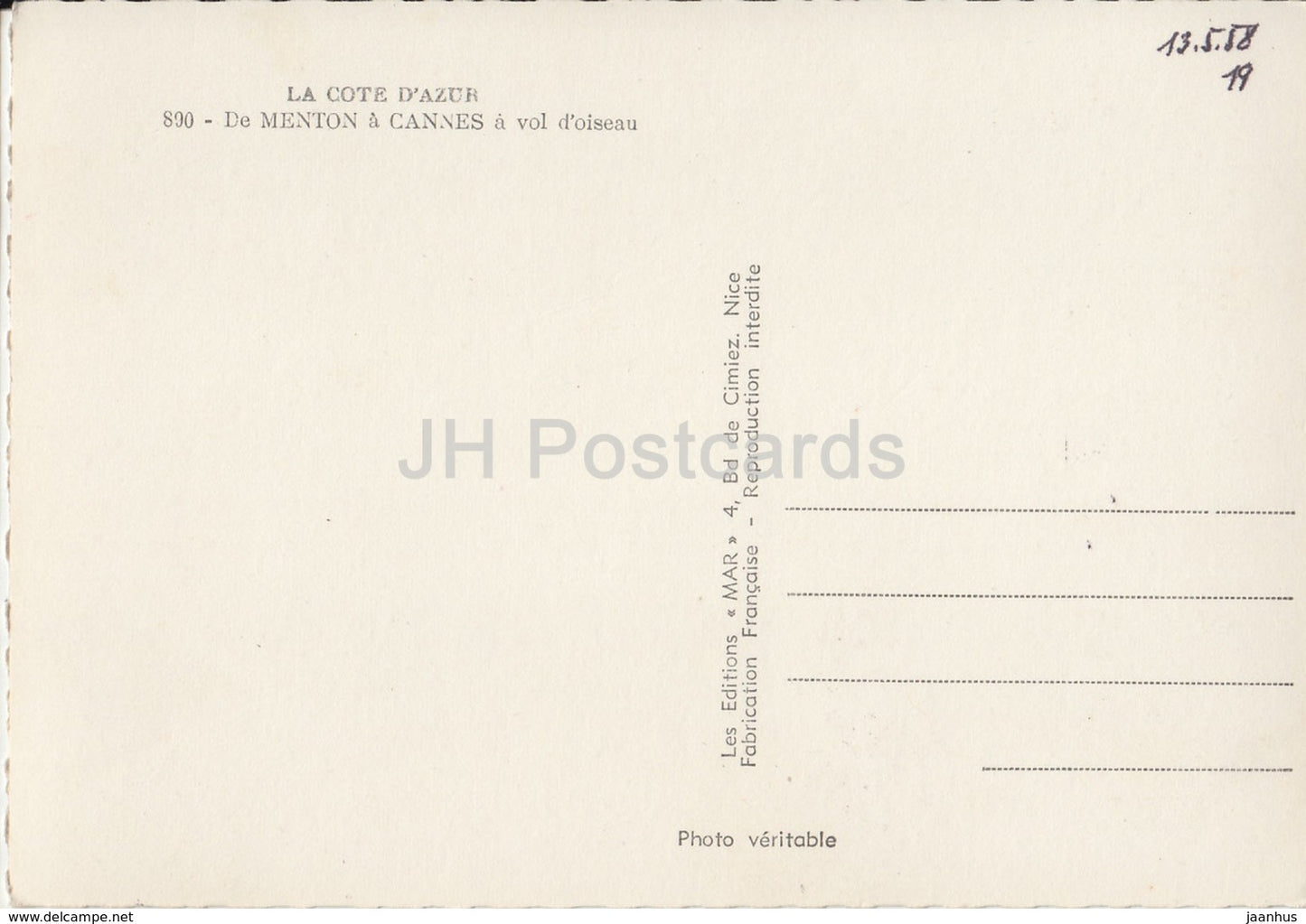 De Menton a Cannes a vol d'oiseau - La Côte d'Azur - 890 - Frankreich - 1958 - unbenutzt