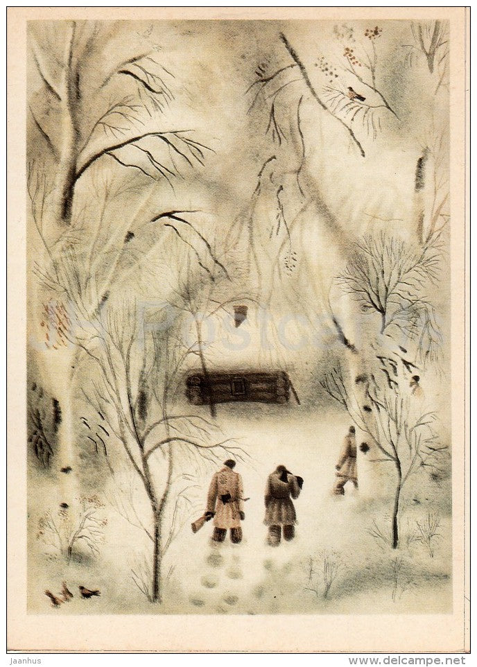 illustration by K. Sokolov - winter hut - In the Land of Unfrightened Birds by M. Prishvin - 1979 - Russia USSR - unused - JH Postcards