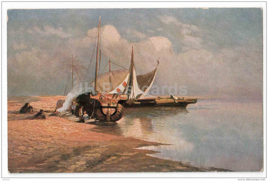 paimting by F. Vasilyev - view at the Volga river - sailing boat - Russia - Russian art - used in 1931 Estonia - JH Postcards