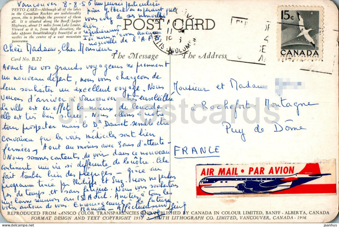 Peyto Lake – alte Postkarte – 1956 – Kanada – gebraucht 